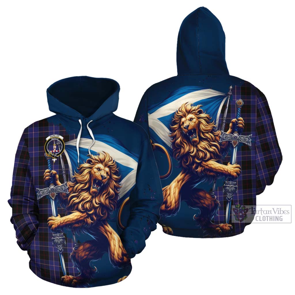 Tartan Vibes Clothing Dunlop Tartan Family Crest Cotton Hoodie with Scottish Majestic Lion