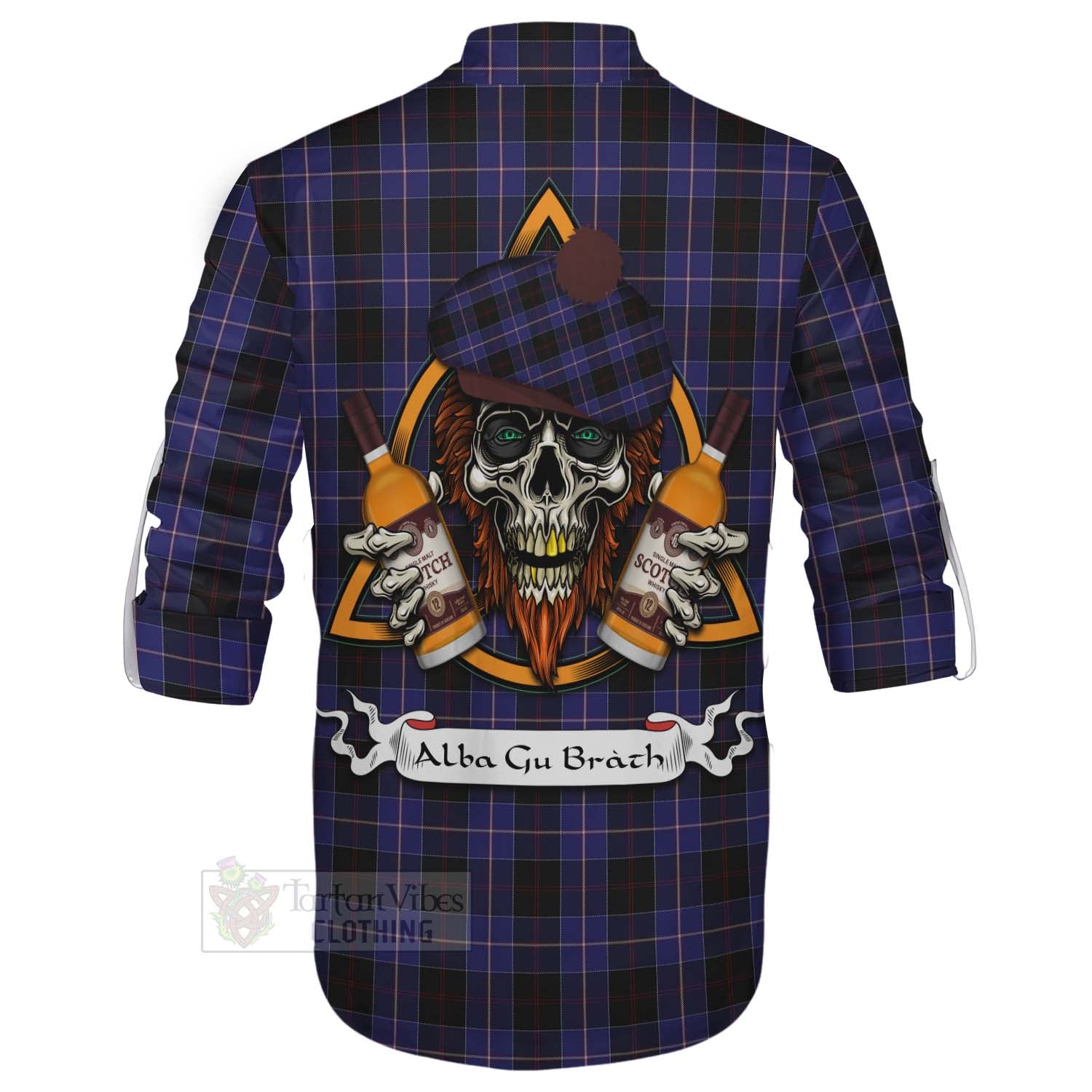 Tartan Vibes Clothing Dunlop Tartan Ghillie Kilt Shirt with Family Crest and Bearded Skull Holding Bottles of Whiskey