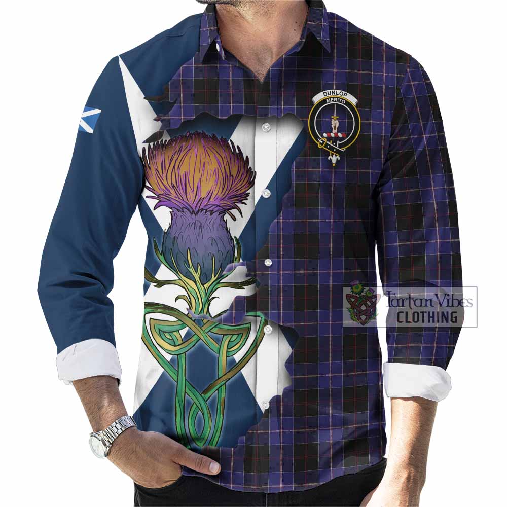 Tartan Vibes Clothing Dunlop Tartan Family Crest Long Sleeve Button Shirt Scottish Thistle Celtic Inspired