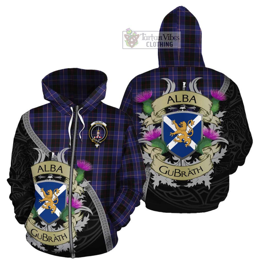 Tartan Vibes Clothing Dunlop Tartan Family Crest Cotton Hoodie Lion Rampant Royal Thistle Shield Celtic Inspired
