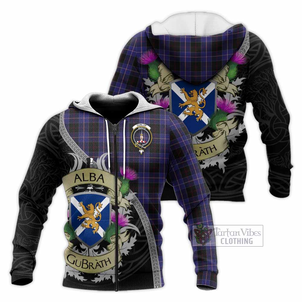 Tartan Vibes Clothing Dunlop Tartan Family Crest Knitted Hoodie Lion Rampant Royal Thistle Shield Celtic Inspired