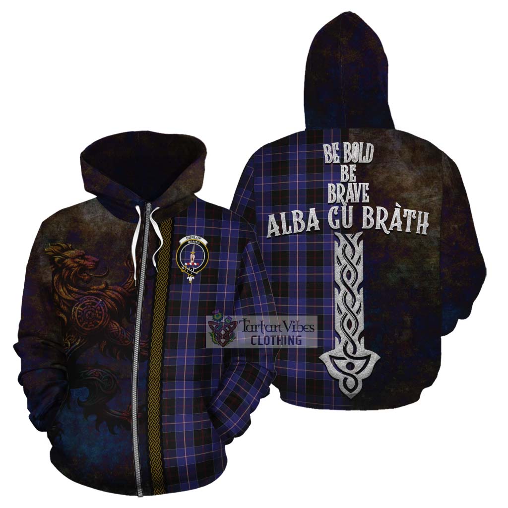 Tartan Vibes Clothing Dunlop Tartan Family Crest Cotton Hoodie Alba Gu Brath Be Brave Lion Ancient Style