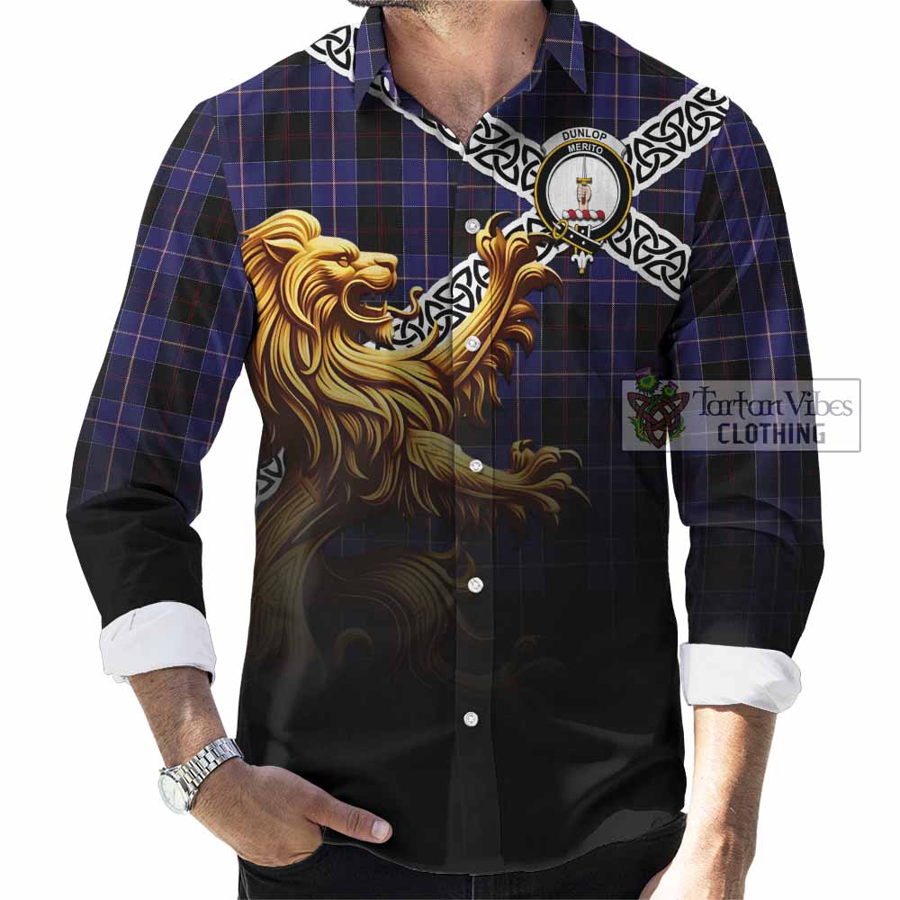 Tartan Vibes Clothing Dunlop Crest Tartan Long Sleeve Button Shirt with Golden Lion Emblem Celtic Style