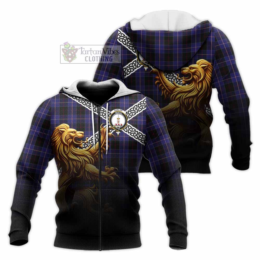 Tartan Vibes Clothing Dunlop Crest Tartan Knitted Hoodie with Golden Lion Emblem Celtic Style