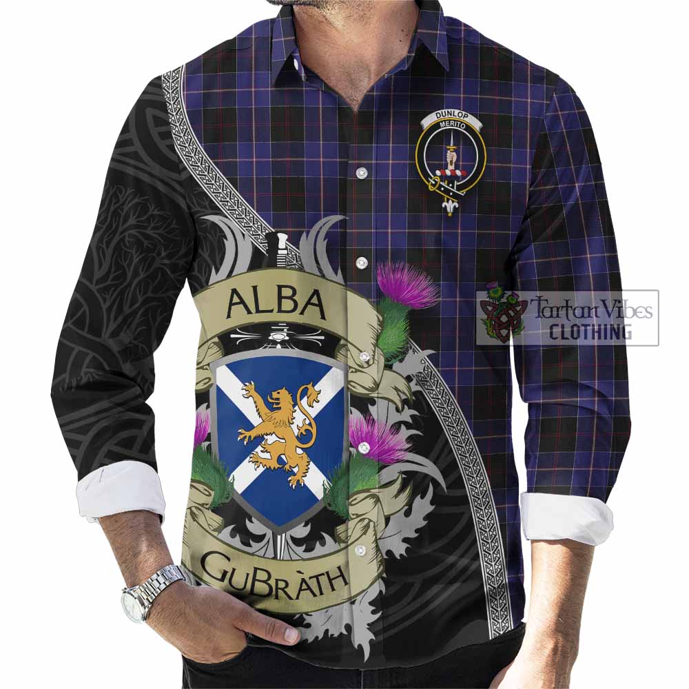 Tartan Vibes Clothing Dunlop Tartan Family Crest Long Sleeve Button Shirt Lion Rampant Royal Thistle Shield Celtic Inspired