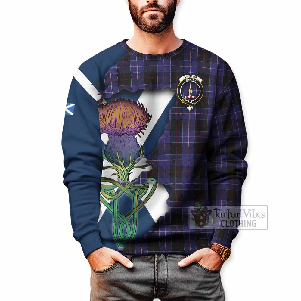 Tartan Vibes Clothing Dunlop Tartan Family Crest Sweatshirt Scottish Thistle Celtic Inspired