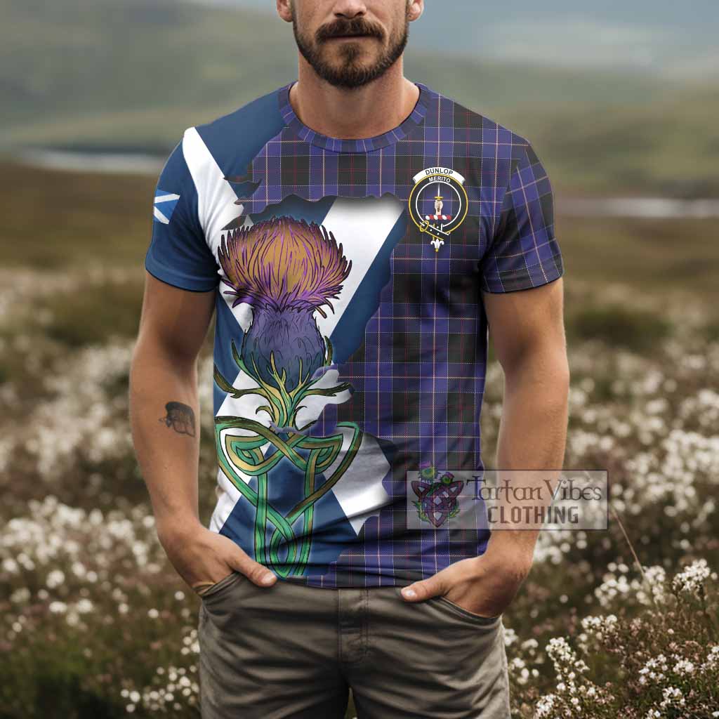 Tartan Vibes Clothing Dunlop Tartan Family Crest T-Shirt Scottish Thistle Celtic Inspired