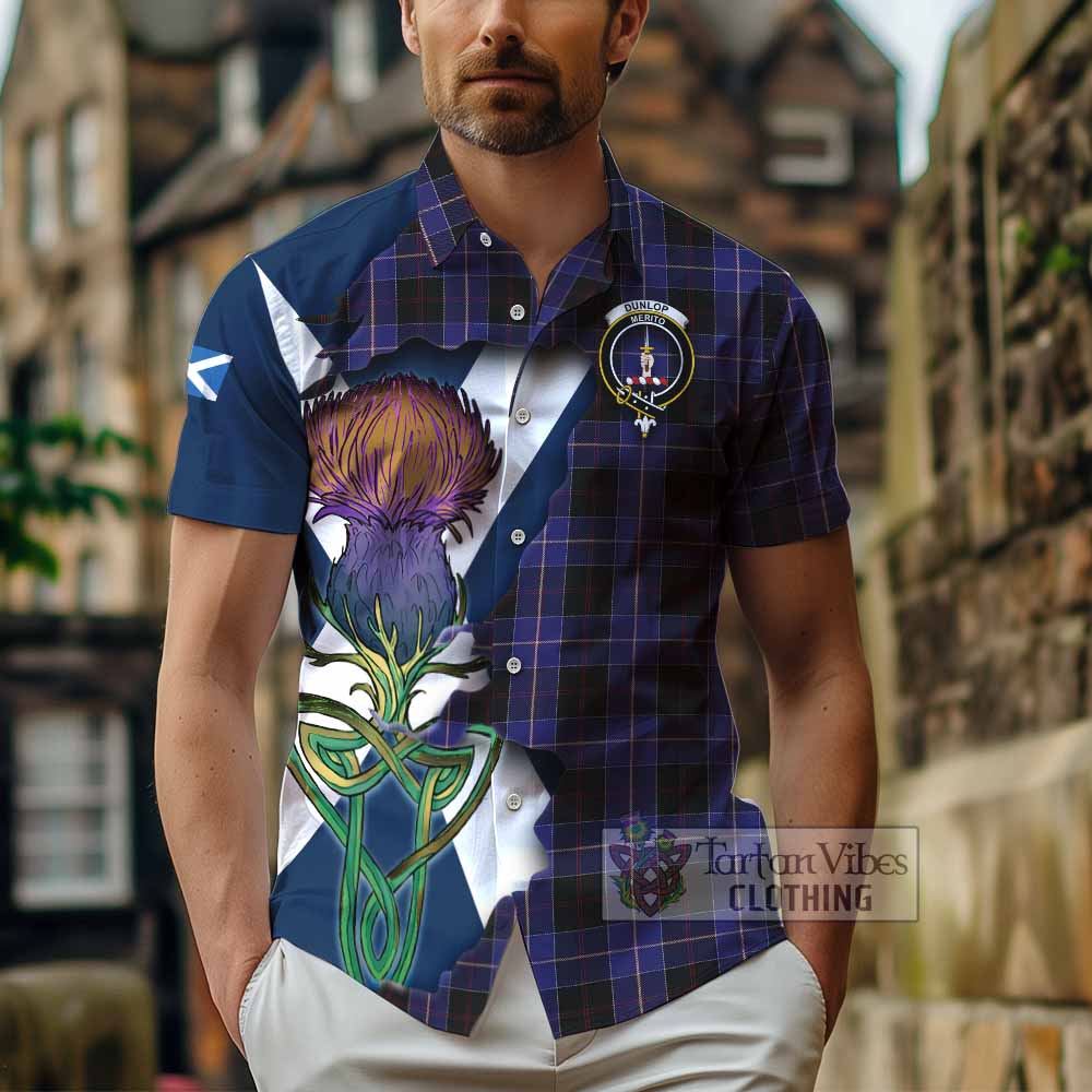Tartan Vibes Clothing Dunlop Tartan Family Crest Short Sleeve Button Shirt Scottish Thistle Celtic Inspired