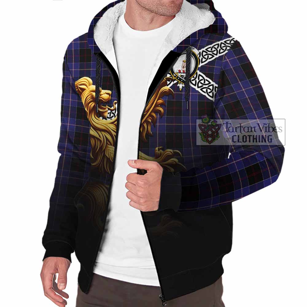 Tartan Vibes Clothing Dunlop Crest Tartan Sherpa Hoodie with Golden Lion Emblem Celtic Style
