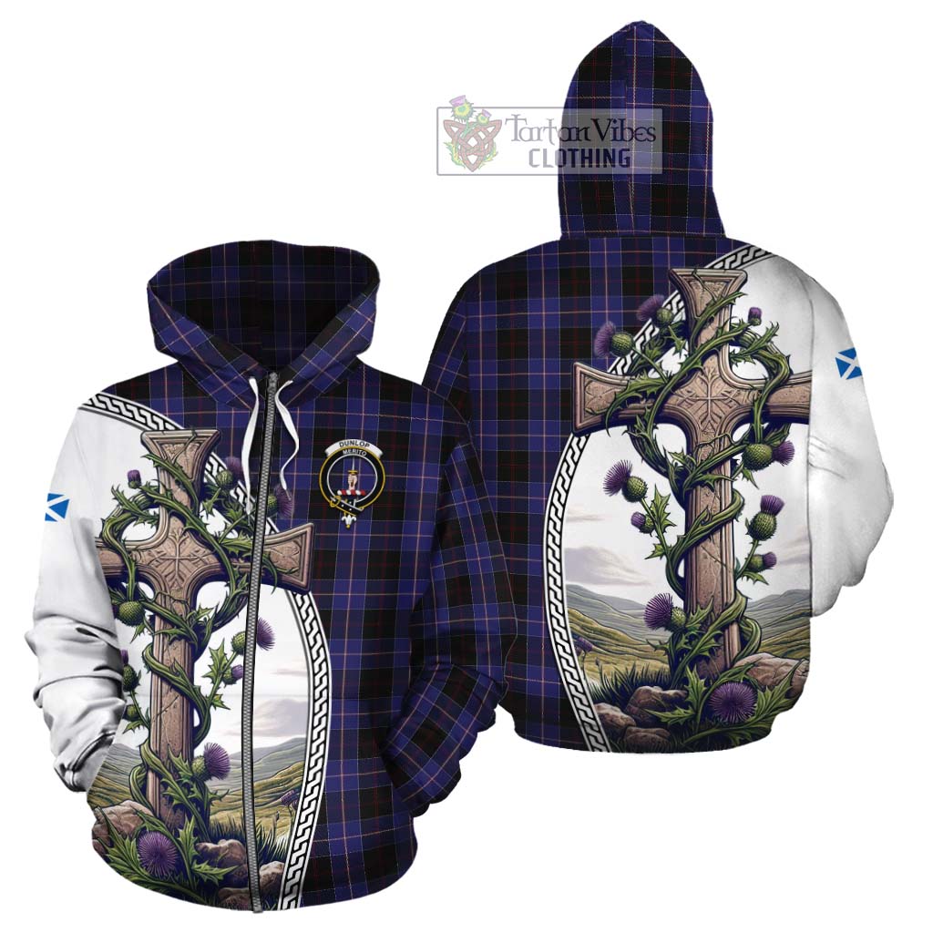 Tartan Vibes Clothing Dunlop Tartan Cotton Hoodie with Family Crest and St. Andrew's Cross Accented by Thistle Vines