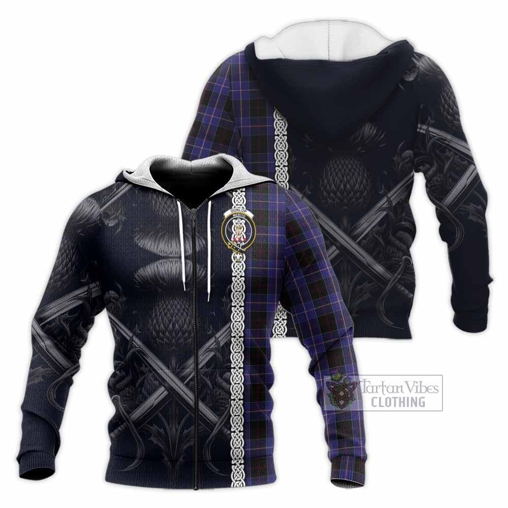 Tartan Vibes Clothing Dunlop Tartan Knitted Hoodie with Family Crest Cross Sword Thistle Celtic Vibes