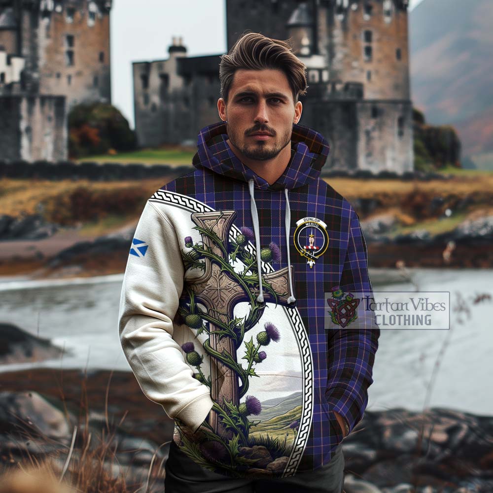 Tartan Vibes Clothing Dunlop Tartan Cotton Hoodie with Family Crest and St. Andrew's Cross Accented by Thistle Vines