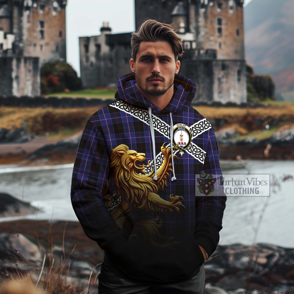 Tartan Vibes Clothing Dunlop Crest Tartan Cotton Hoodie with Golden Lion Emblem Celtic Style