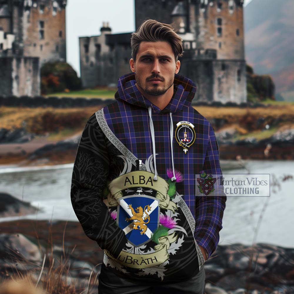 Tartan Vibes Clothing Dunlop Tartan Family Crest Cotton Hoodie Lion Rampant Royal Thistle Shield Celtic Inspired