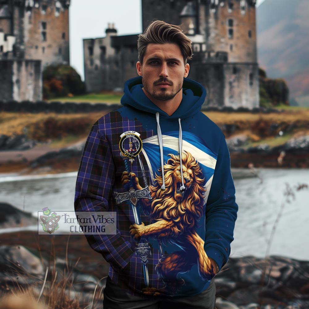 Tartan Vibes Clothing Dunlop Tartan Family Crest Cotton Hoodie with Scottish Majestic Lion