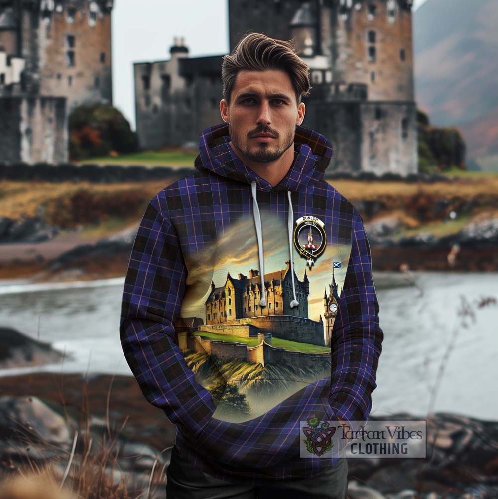 Tartan Vibes Clothing Dunlop Tartan Family Crest Cotton Hoodie with Scottish Ancient Castle Style