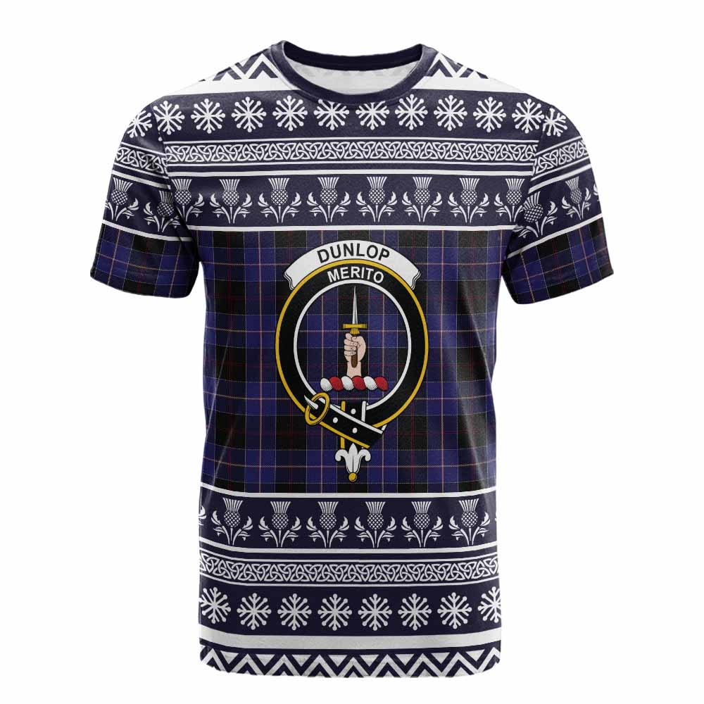 Dunlop Clan Tartan Christmas Cotton T-shirt with Family Crest - Tartan Vibes Clothing