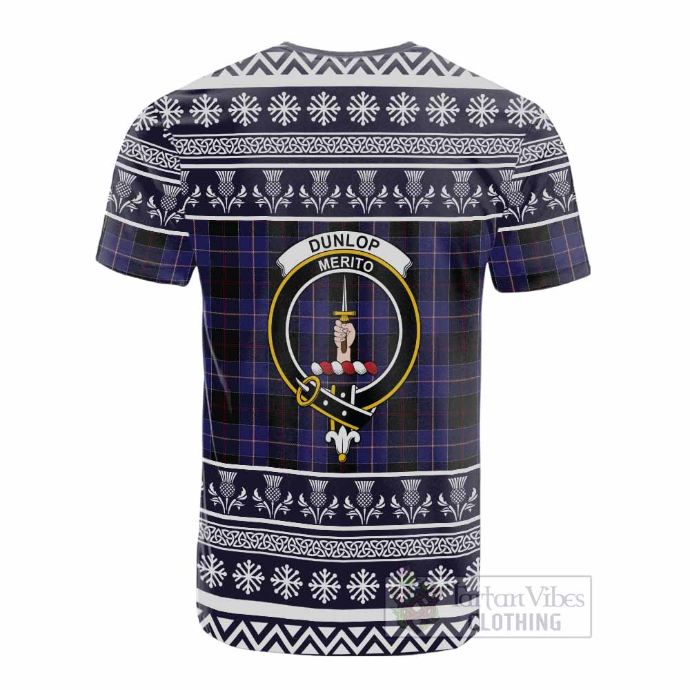 Dunlop Clan Tartan Christmas Cotton T-shirt with Family Crest - Tartan Vibes Clothing