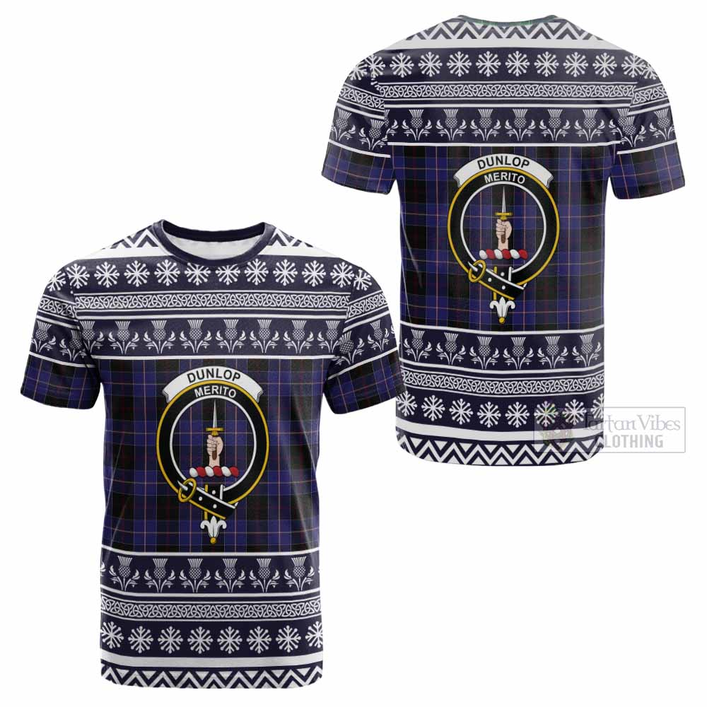 Dunlop Clan Tartan Christmas Cotton T-shirt with Family Crest - Tartan Vibes Clothing