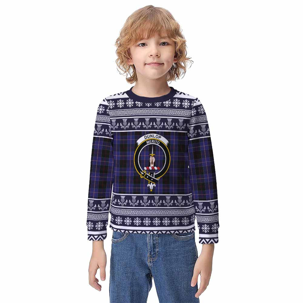 Dunlop Clan Tartan Christmas Kid Ugly Sweatshirt with Family Crest - Tartan Vibes Clothing