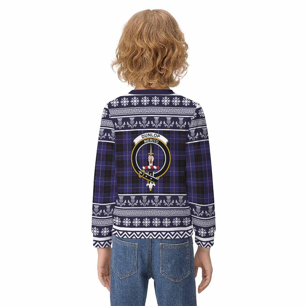 Dunlop Clan Tartan Christmas Kid Ugly Sweatshirt with Family Crest - Tartan Vibes Clothing