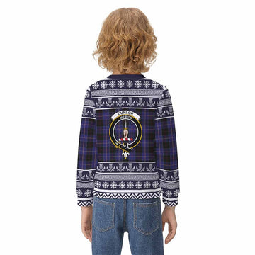 Dunlop Clan Tartan Christmas Kid Ugly Sweatshirt with Family Crest