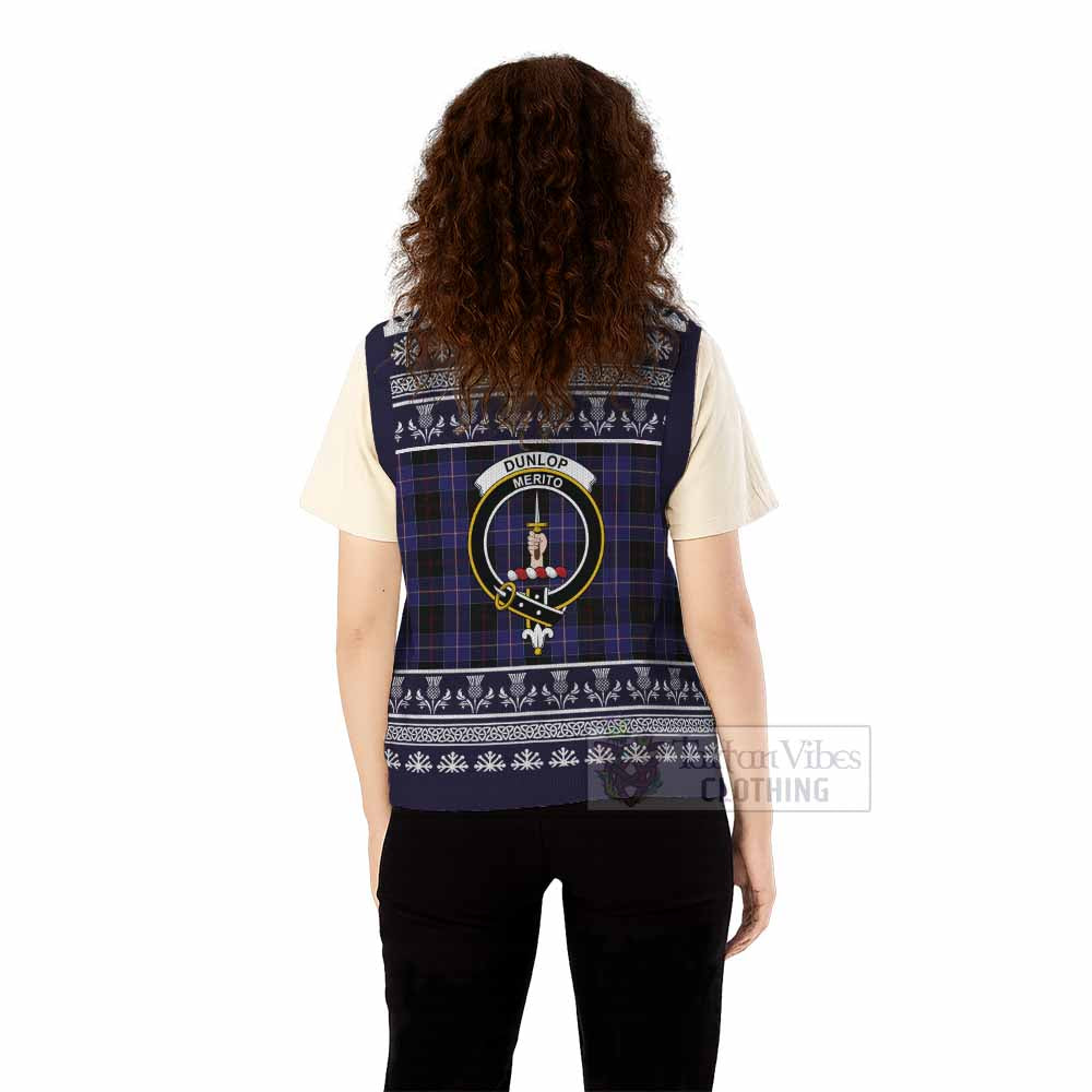 Dunlop Clan Tartan Christmas Knitted V-Neck Vest with Family Crest - Tartan Vibes Clothing