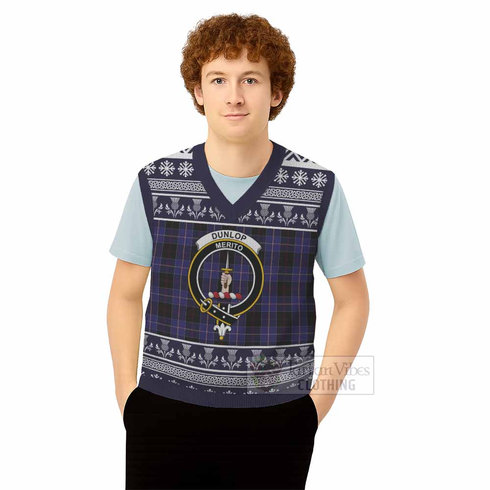 Dunlop Clan Tartan Christmas Knitted V-Neck Vest with Family Crest - Tartan Vibes Clothing