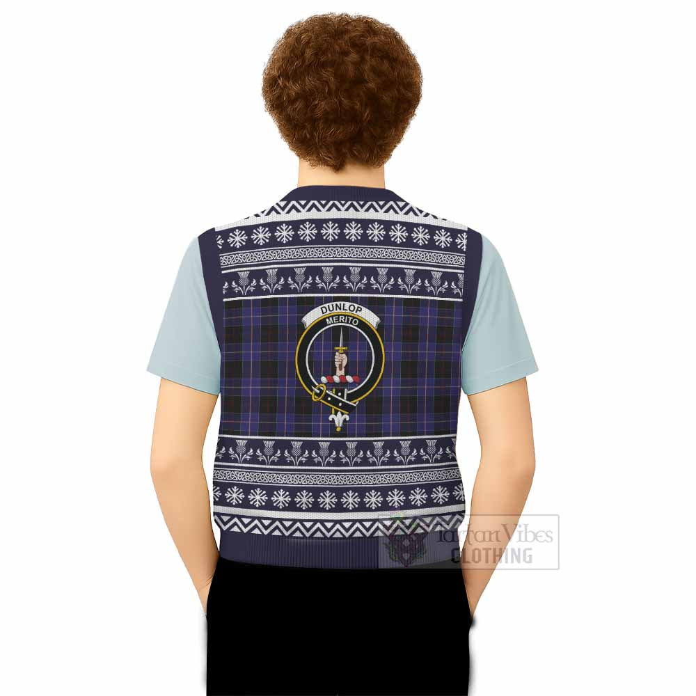 Dunlop Clan Tartan Christmas Knitted V-Neck Vest with Family Crest - Tartan Vibes Clothing
