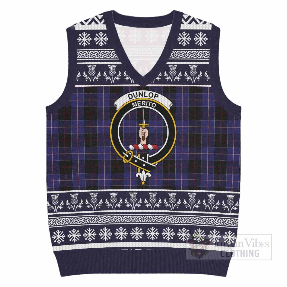 Dunlop Clan Tartan Christmas Knitted V-Neck Vest with Family Crest - Tartan Vibes Clothing