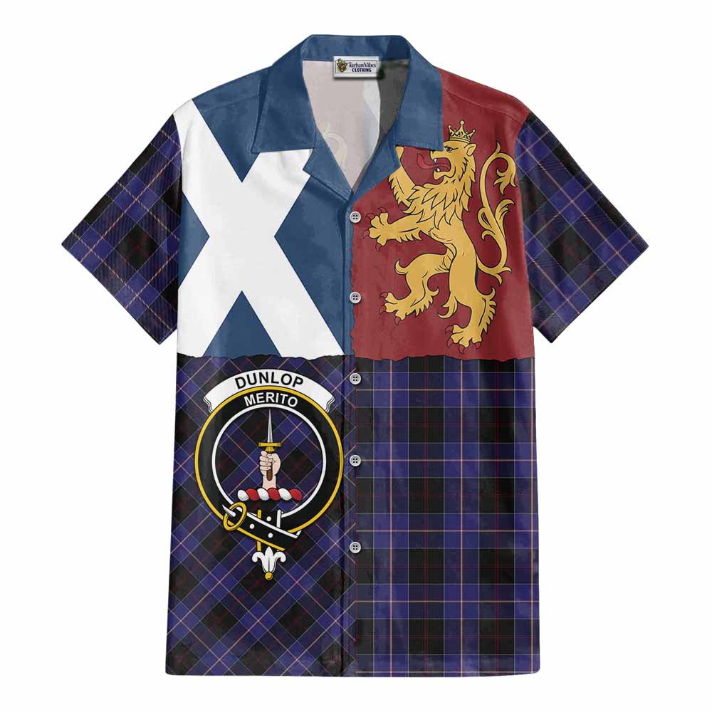 Dunlop Crest Tartan Cotton Hawaiian Shirt with Lion Rampant Saltire Style - Tartan Vibes Clothing