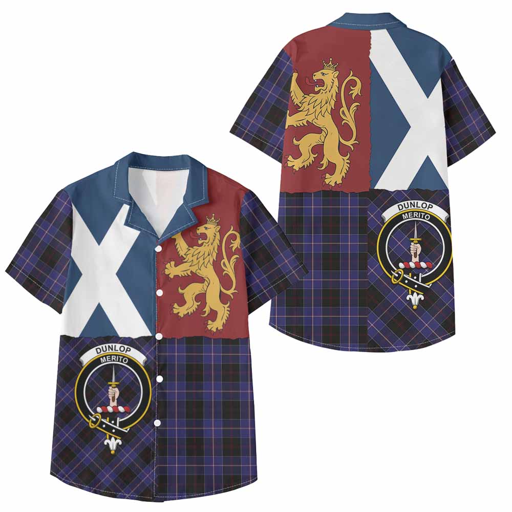 Dunlop Crest Tartan Kid Hawaiian Shirt with Lion Rampant Saltire Style - Tartan Vibes Clothing