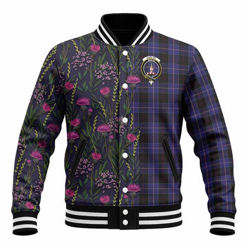 Dunlop Family Crest Tartan Baseball Jacket Scottish Thistle Flower Pattern Half Style