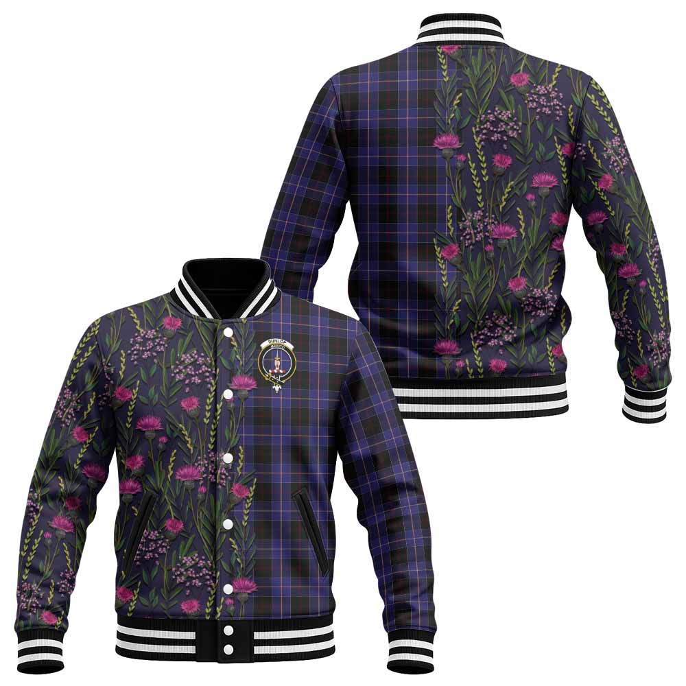 Dunlop Family Crest Tartan Baseball Jacket Scottish Thistle Flower Pattern Half Style - Tartan Vibes Clothing