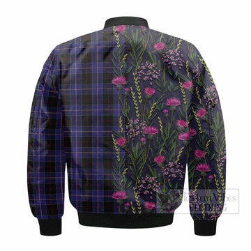 Dunlop Family Crest Tartan Bomber Jacket Scottish Thistle Flower Pattern Half Style