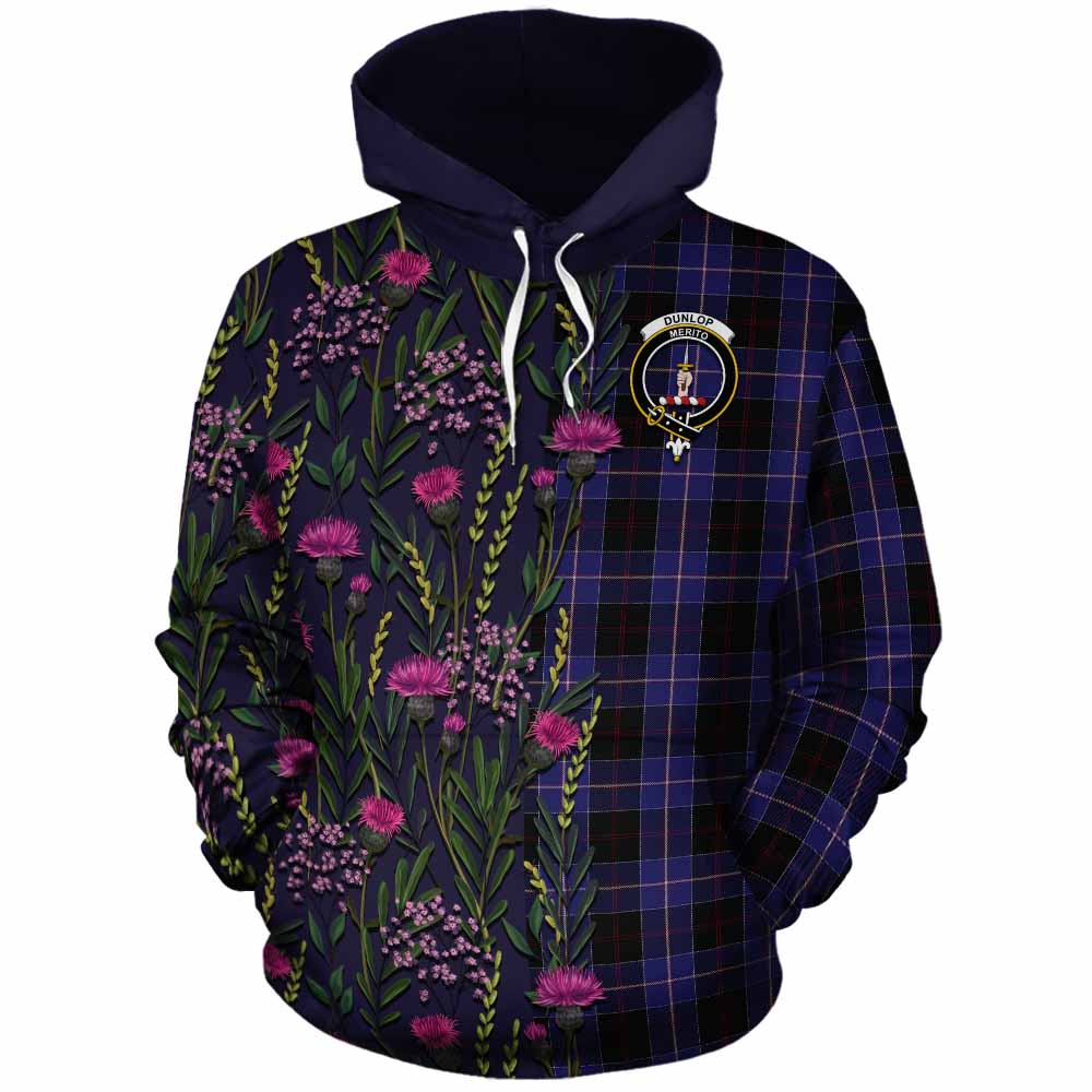 Dunlop Family Crest Tartan Cotton Hoodie Scottish Thistle Flower Pattern Half Style - Tartan Vibes Clothing