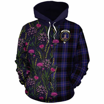 Dunlop Family Crest Tartan Cotton Hoodie Scottish Thistle Flower Pattern Half Style