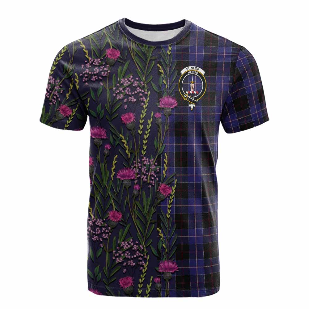 Dunlop Family Crest Tartan Cotton T-shirt Scottish Thistle Flower Pattern Half Style - Tartan Vibes Clothing