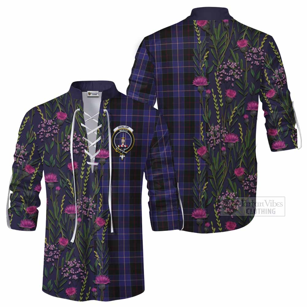 Dunlop Family Crest Tartan Ghillie Shirt Scottish Thistle Flower Pattern Half Style - Tartan Vibes Clothing