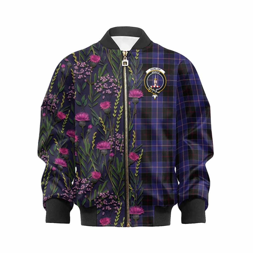 Dunlop Family Crest Tartan Kid Bomber Jacket Scottish Thistle Flower Pattern Half Style - Tartan Vibes Clothing