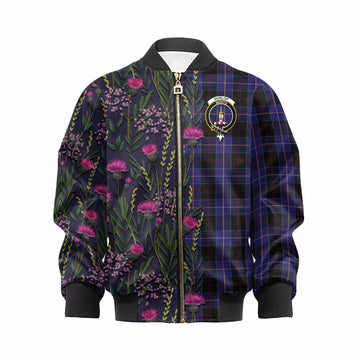 Dunlop Family Crest Tartan Kid Bomber Jacket Scottish Thistle Flower Pattern Half Style