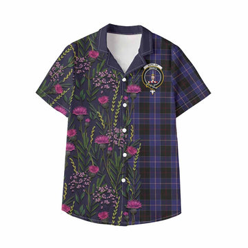 Dunlop Family Crest Tartan Kid Hawaiian Shirt Scottish Thistle Flower Pattern Half Style - Tartan Vibes Clothing