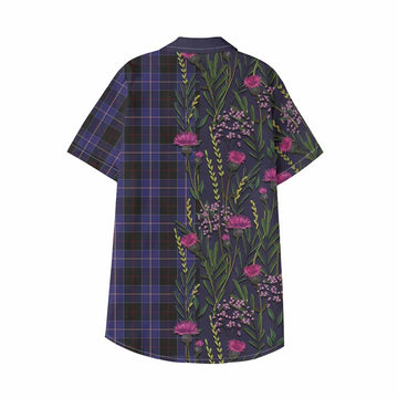 Dunlop Family Crest Tartan Kid Hawaiian Shirt Scottish Thistle Flower Pattern Half Style - Tartan Vibes Clothing
