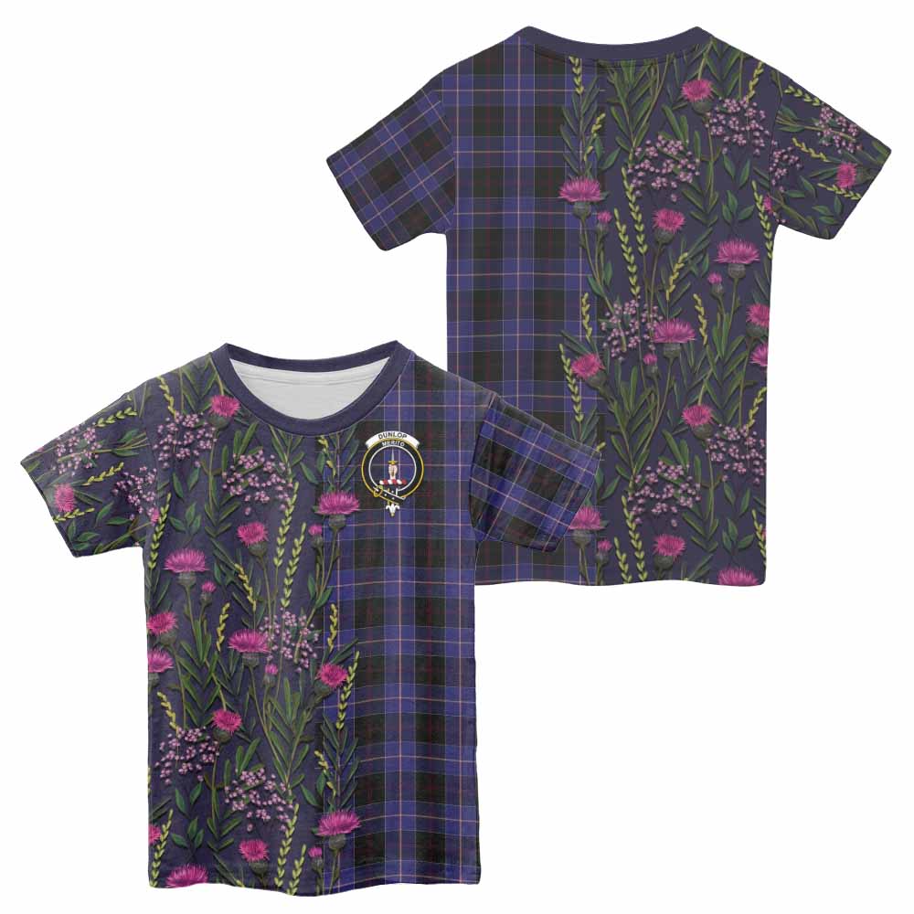 Dunlop Family Crest Tartan Kid T-shirt Scottish Thistle Flower Pattern Half Style - Tartan Vibes Clothing
