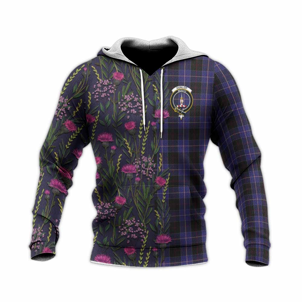 Dunlop Family Crest Tartan Knitted Hoodie Scottish Thistle Flower Pattern Half Style - Tartan Vibes Clothing