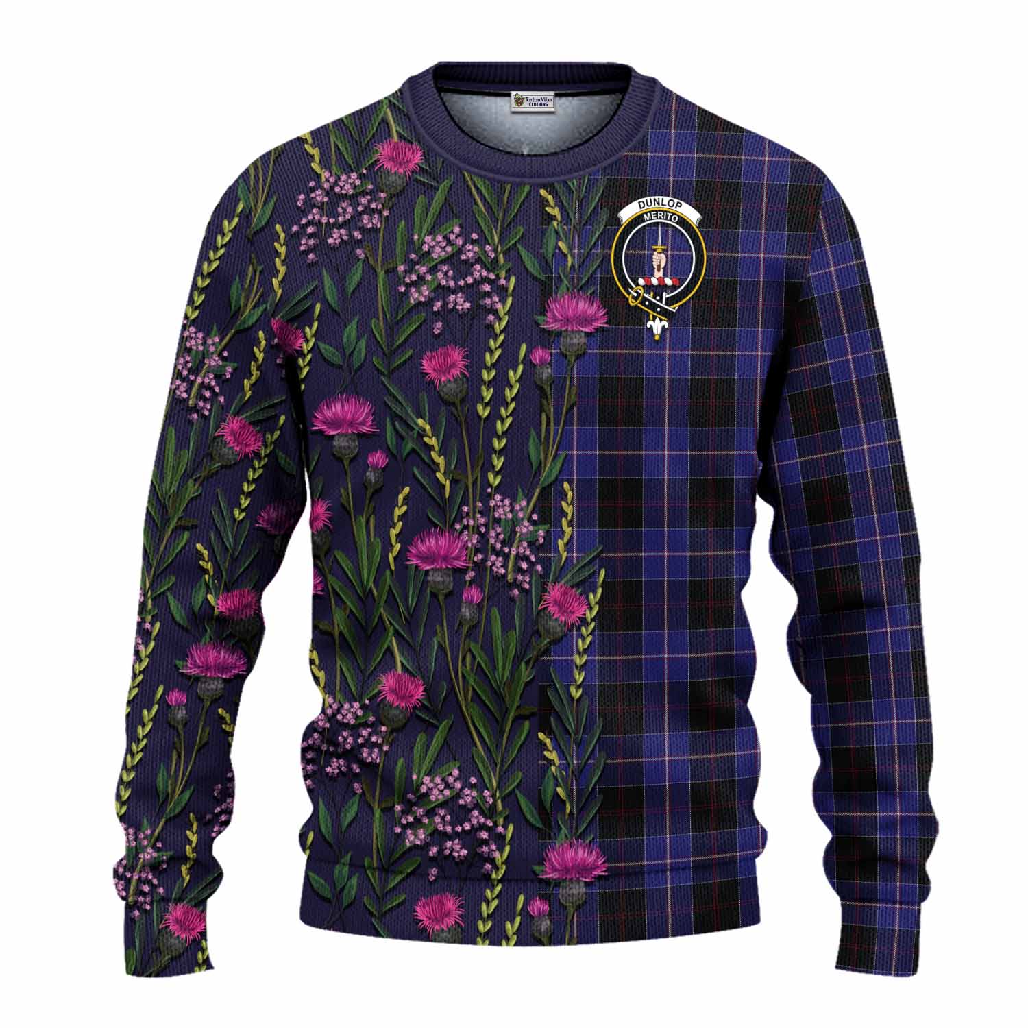 Dunlop Family Crest Tartan Knitted Sweater Scottish Thistle Flower Pattern Half Style - Tartan Vibes Clothing