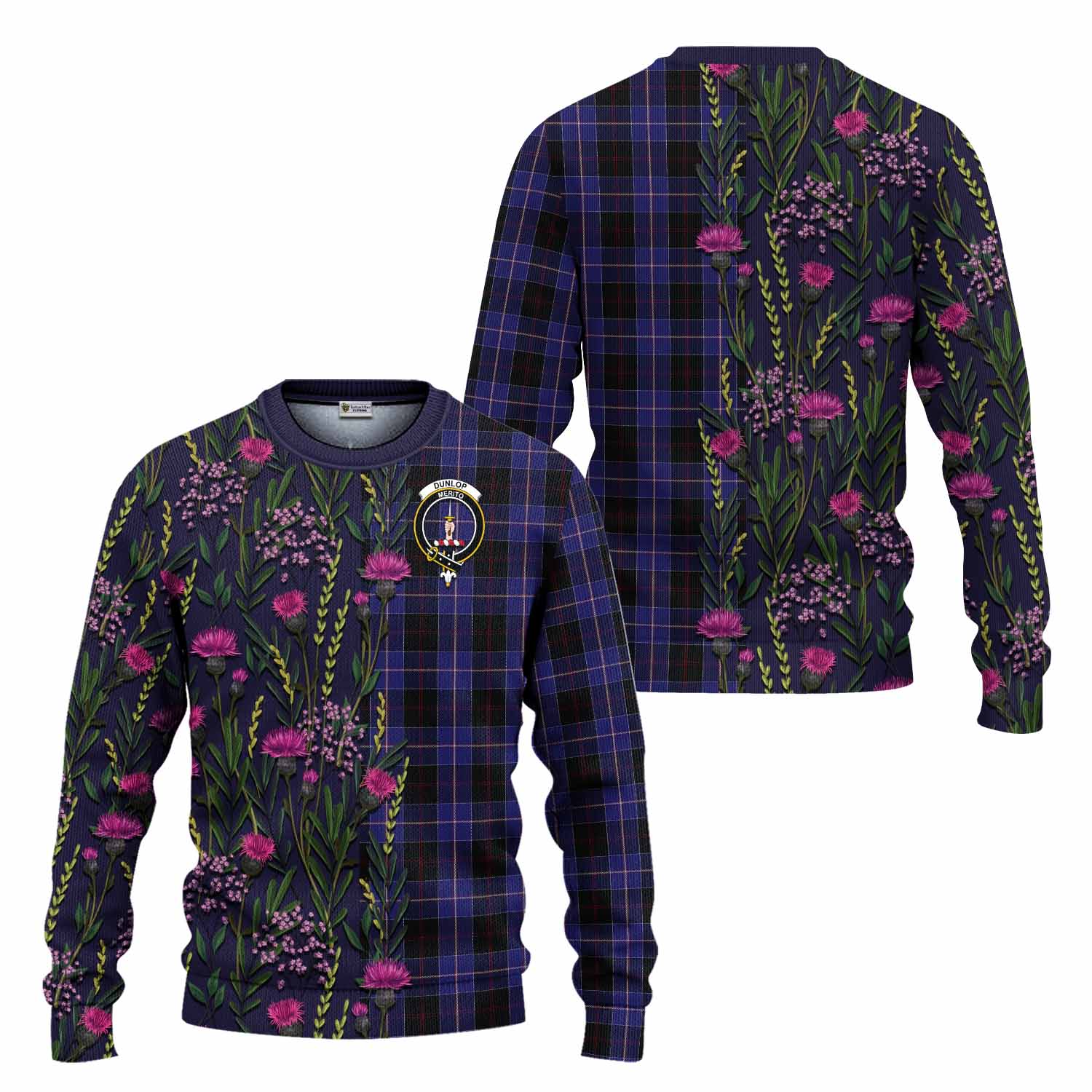 Dunlop Family Crest Tartan Knitted Sweater Scottish Thistle Flower Pattern Half Style - Tartan Vibes Clothing