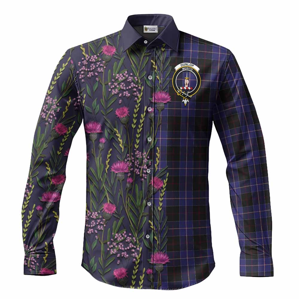 Dunlop Family Crest Tartan Long Sleeve Button Shirts Scottish Thistle Flower Pattern Half Style - Tartan Vibes Clothing