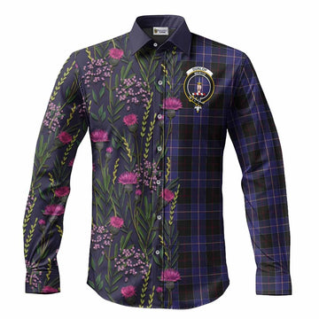 Dunlop Family Crest Tartan Long Sleeve Button Shirts Scottish Thistle Flower Pattern Half Style