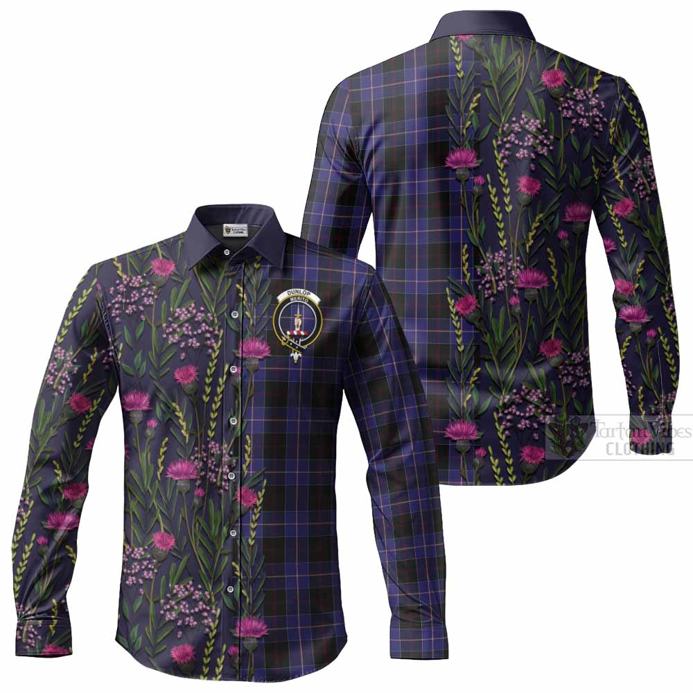 Dunlop Family Crest Tartan Long Sleeve Button Shirts Scottish Thistle Flower Pattern Half Style - Tartan Vibes Clothing